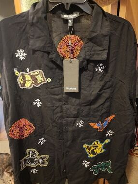 True Religion Black Shirt Jacket with Multicolor Embroidered Patches